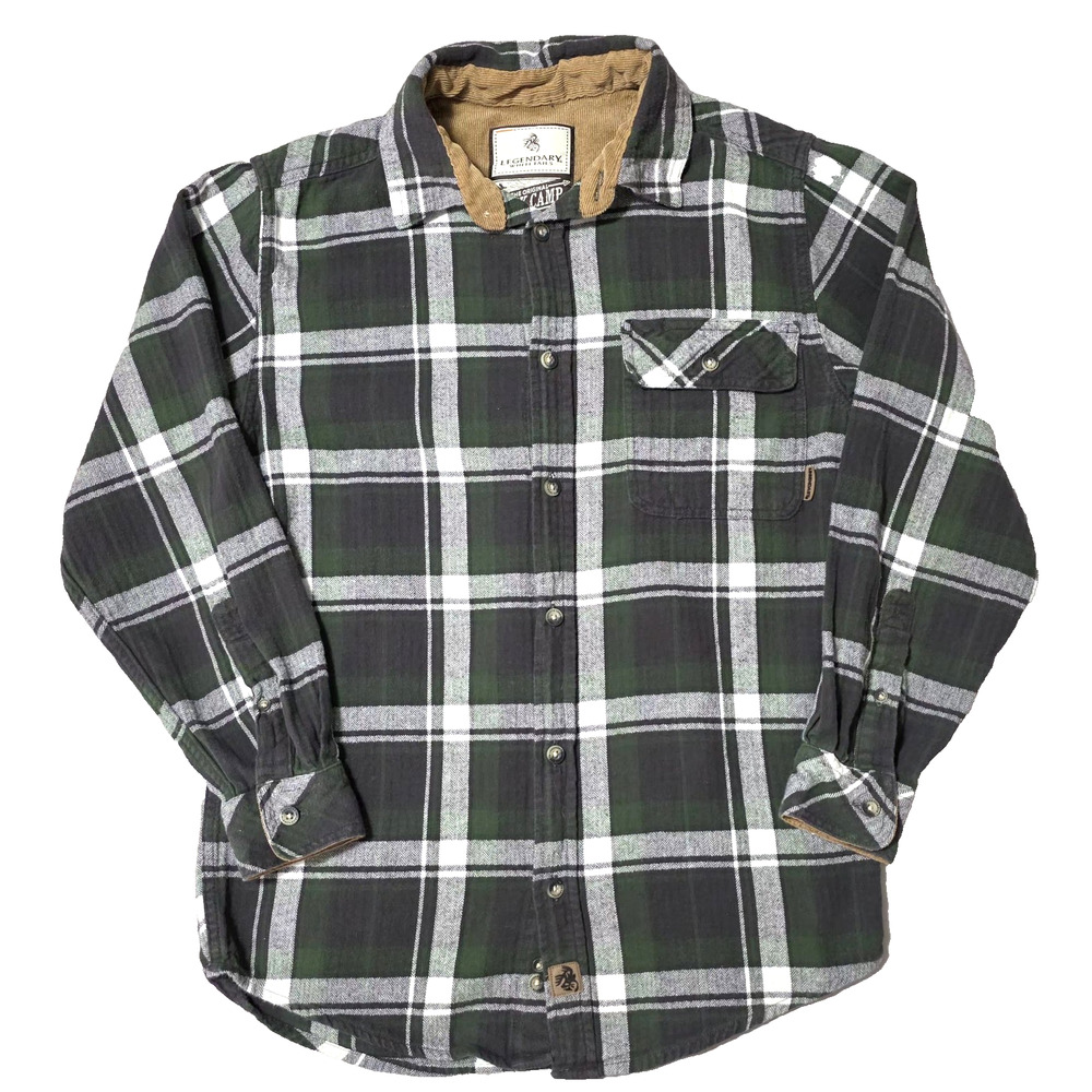 Legendary Whitetails Buck Camp Flannel Shirt Men's Small Green Plaid Corduroy